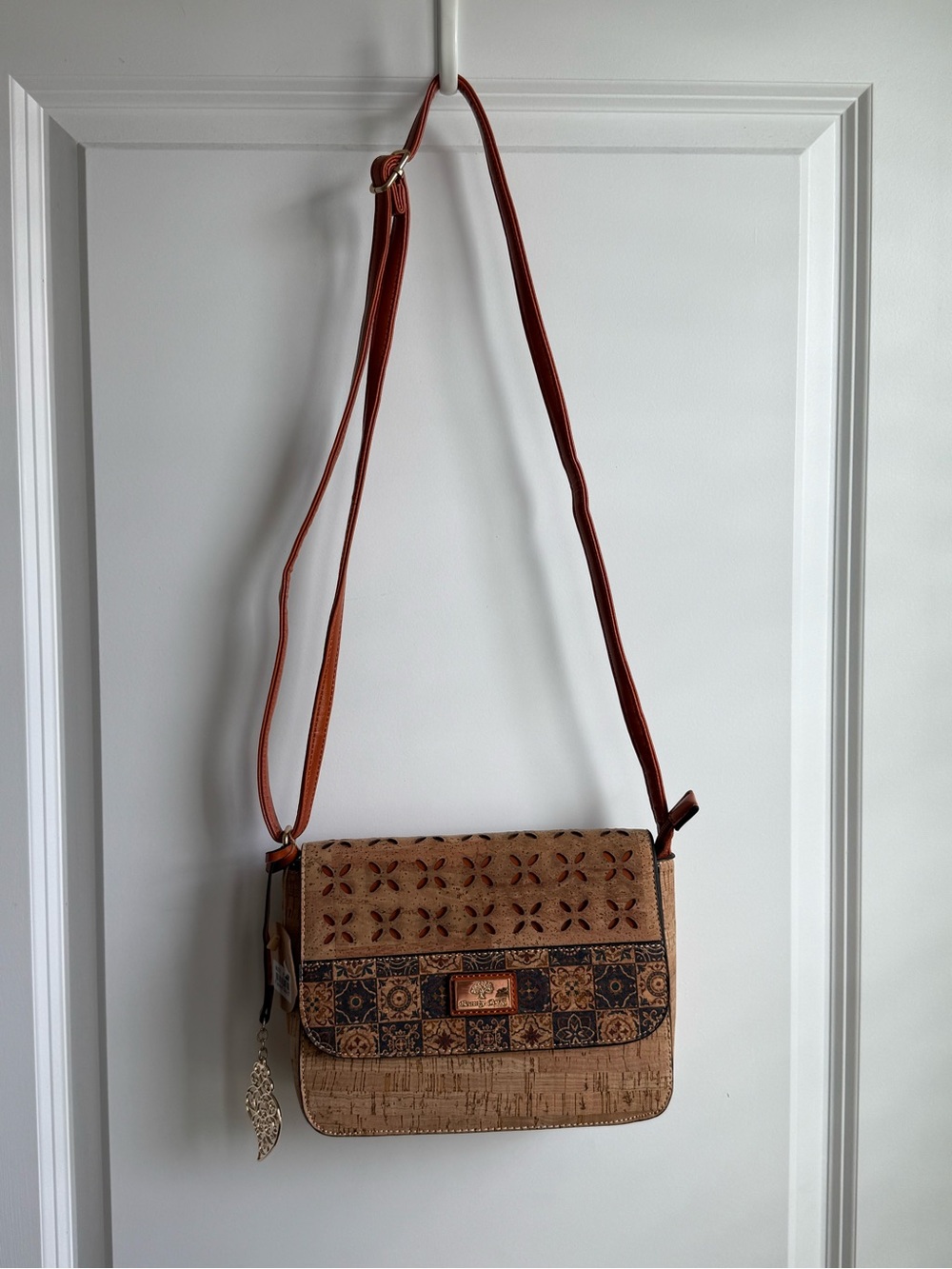 Portuguese Cork Crossbody Bag w/ Laser-Cut Floral Detail